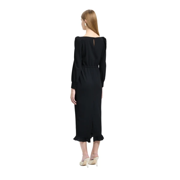 Alessandra Rich Wool Crêpe Midi Dress with Scoop Neckline in Black, view 4