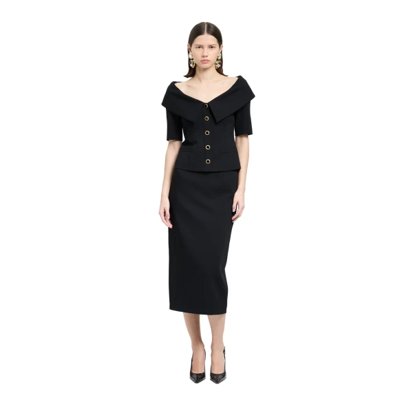 Alessandra Rich Wool Crêpe Midi Skirt in Black, view 2