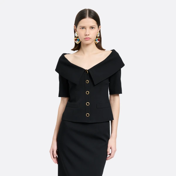 Alessandra Rich Wool Crêpe Off-Shoulder Jacket in Black, view 3