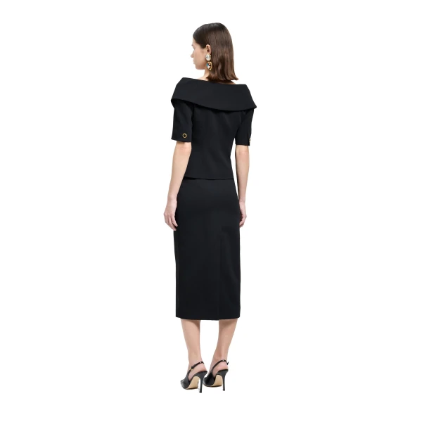 Alessandra Rich Wool Crêpe Off-Shoulder Jacket in Black, view 4
