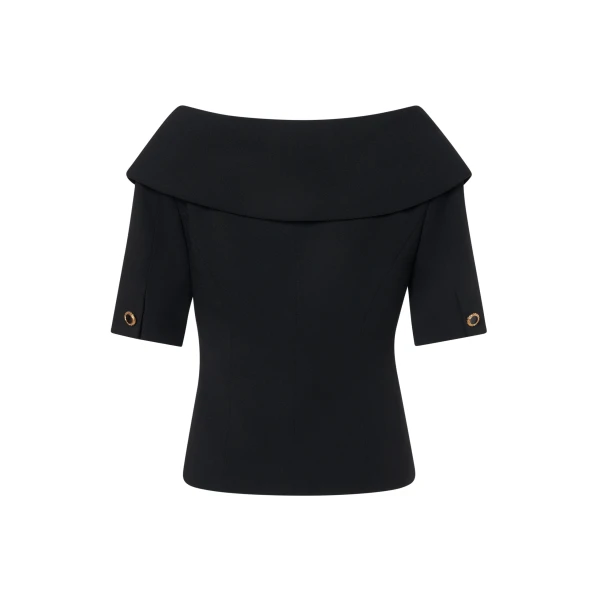 Alessandra Rich Wool Crêpe Off-Shoulder Jacket in Black, view 5