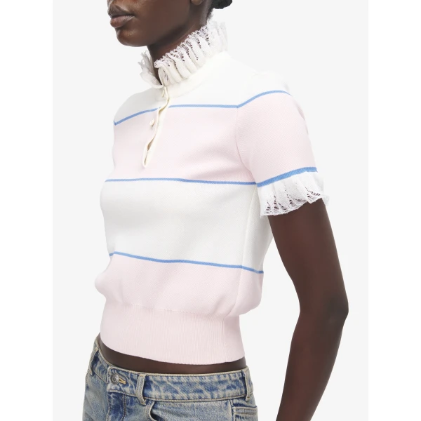 Alexander McQueen Ruffle Trim Striped Top - Knitwear - British Luxury Tailoring at Luxury Shoes 