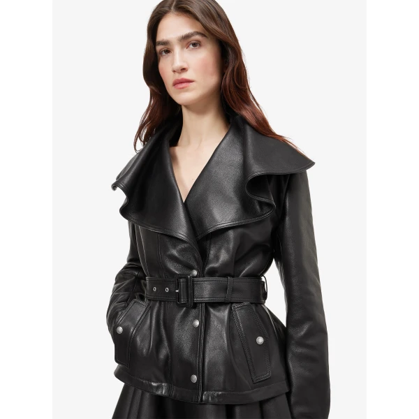Alexander McQueen Waterfall Collar Leather Jacket - Jackets - British Luxury Tailoring at Luxury Shoes 