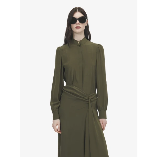 Alexander McQueen Wishbone Silk Shirt in Green - Tops - British Luxury Tailoring at Luxury Shoes 