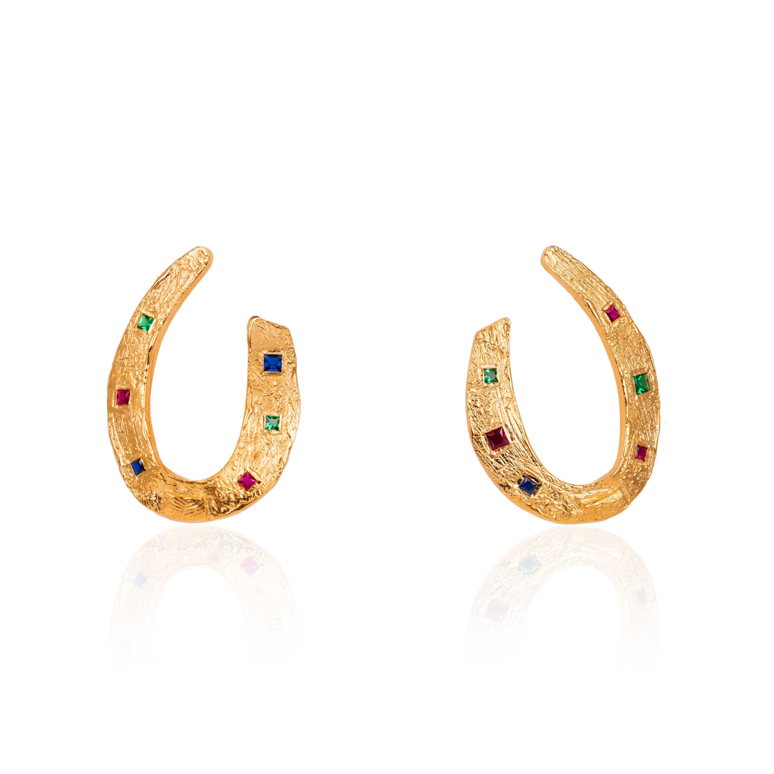 Alexandra Hakim Large Golden Horseshoe Earrings in Gold with Coloured Gems | Buy Earrings at Luxury Shoes Alexandra Hakim Large Golden Horseshoe Earrings