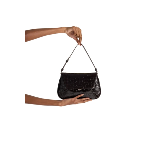 Amina Muaddi Ami Bag in Brown Shiny Croc, view 4