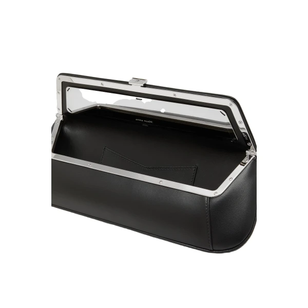 Amina Muaddi Ami Clutch in Black Nappa, view 3