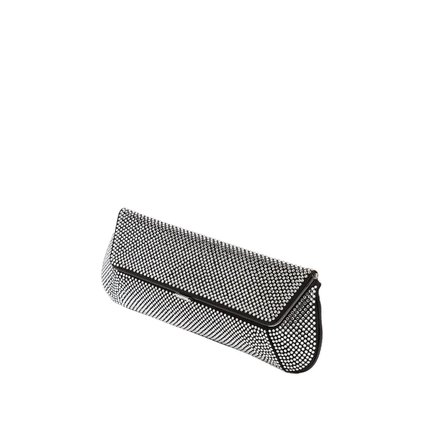 Amina Muaddi Ami Crystal Clutch in Black Satin and White Crystals, view 2