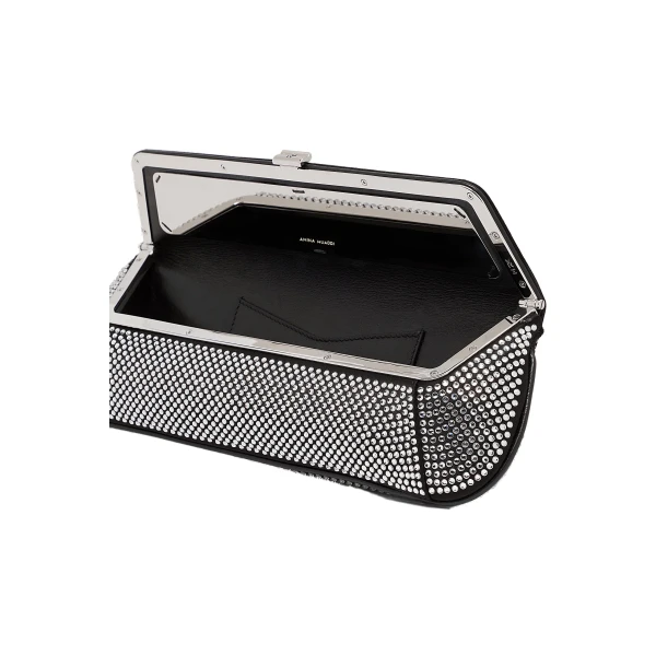 Amina Muaddi Ami Crystal Clutch in Black Satin and White Crystals, view 3