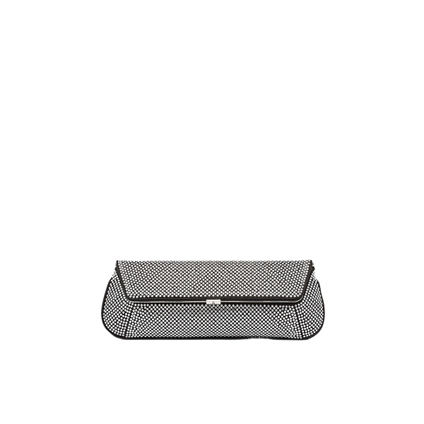 Amina Muaddi Ami Crystal Clutch in Black Satin and White Crystals
