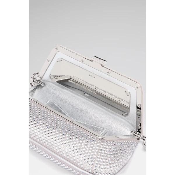 Amina Muaddi Ami Mini Crystal Shoulder Bag in Silver Satin and White Crystals, view 2
