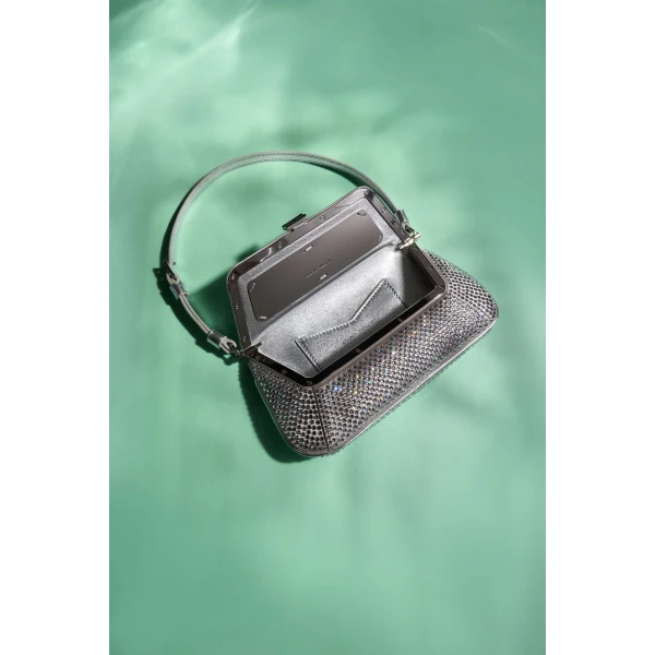 Amina Muaddi Ami Mini Crystal Shoulder Bag in Silver Satin and White Crystals, view 4