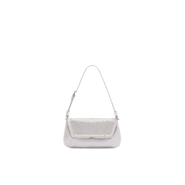 Amina Muaddi Ami Mini Crystal Shoulder Bag in Silver Satin and White Crystals