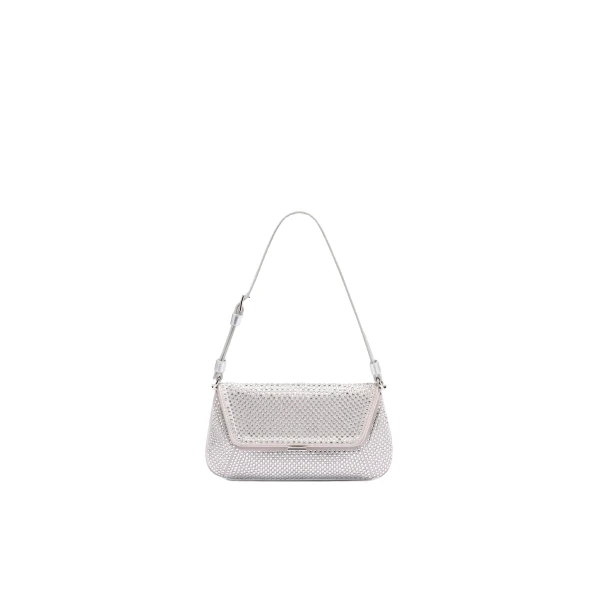 Amina Muaddi Ami Mini Crystal Shoulder Bag in Silver Satin and White Crystals