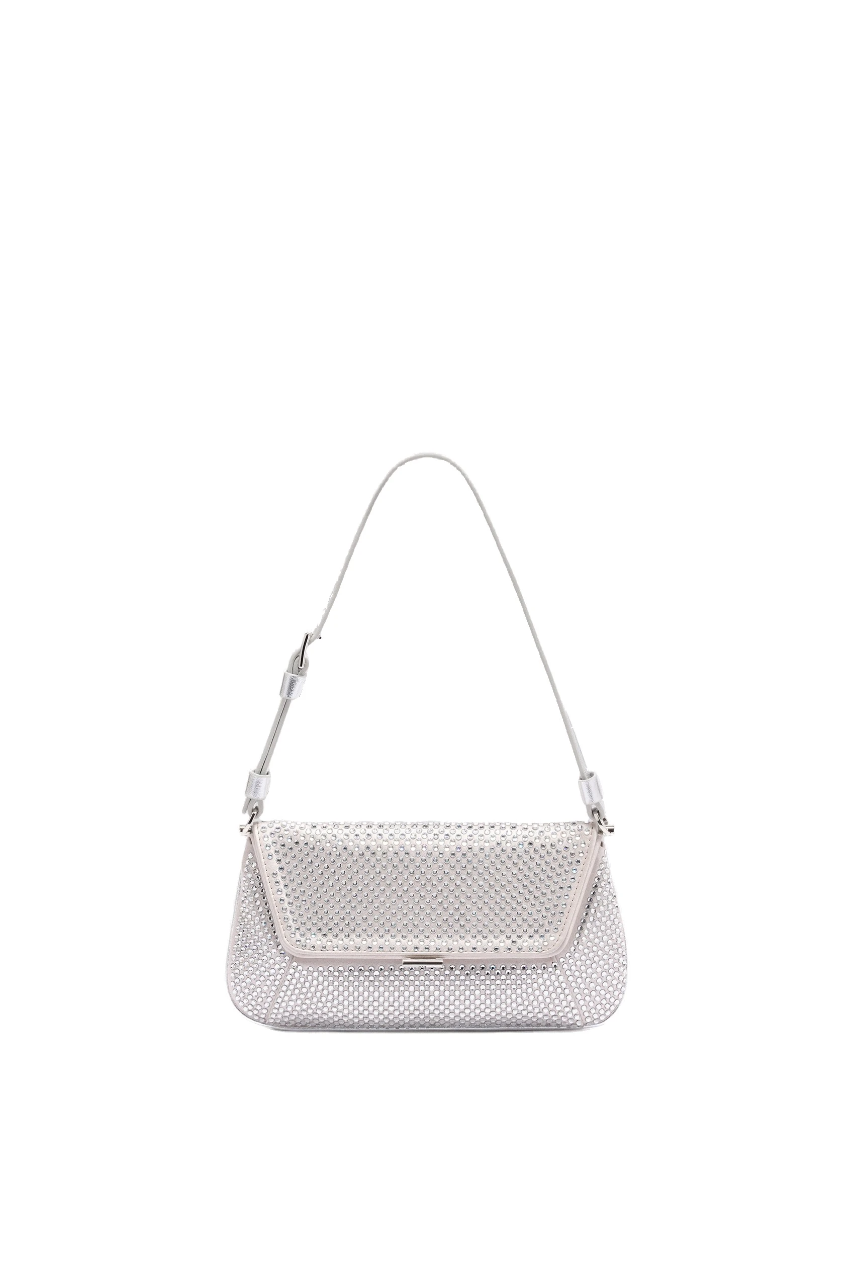 Amina Muaddi Ami Bag in Silver Satin | Luxury Shoes Amina Muaddi Ami Mini Crystal Shoulder Bag in Silver Satin and White Crystals