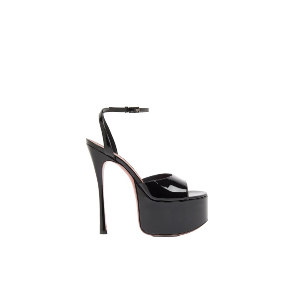 Amina Muaddi Aya Platform Sandal 155 in Black Patent and Silver Buckle