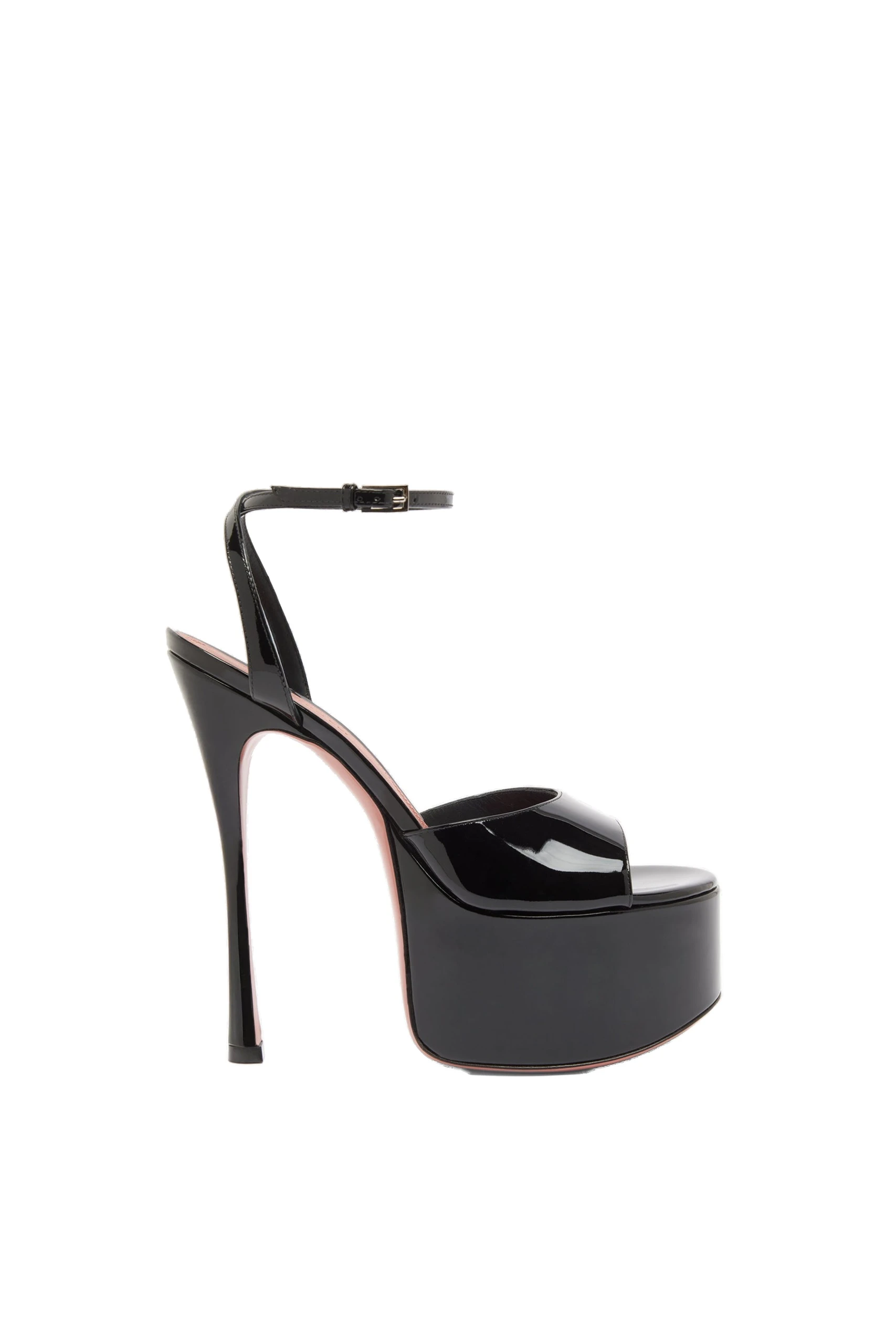Amina Muaddi Aya Sandal 155 in Black Patent | Luxury Shoes Amina Muaddi Aya Platform Sandal 155 in Black Patent and Silver Buckle