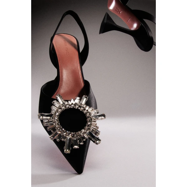 Amina Muaddi Begum Sling 95 in Black Satin, view 4