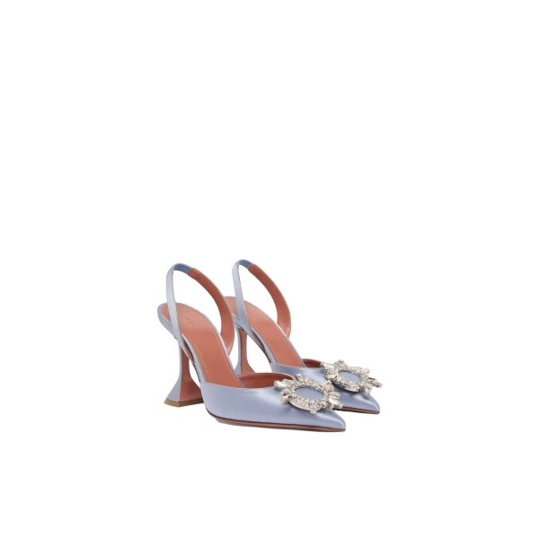 Amina Muaddi Begum Sling 95 in Lavender Grey Satin, view 4