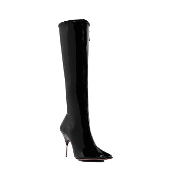 Amina Muaddi Bruna Stretch Boot 95 in Black Latex and Shiny Silver Heel, view 2