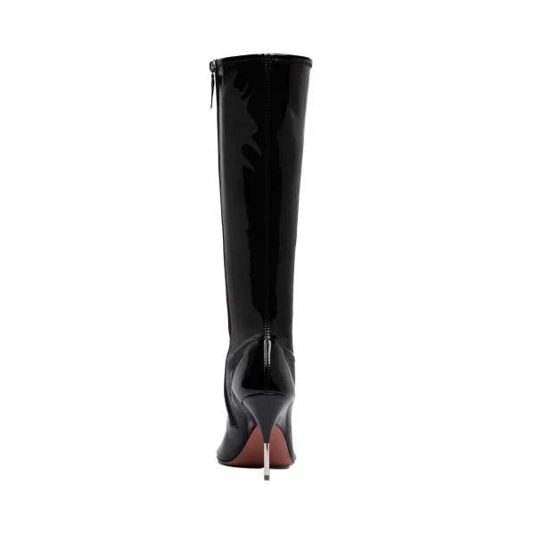 Amina Muaddi Bruna Stretch Boot 95 in Black Latex and Shiny Silver Heel, view 3