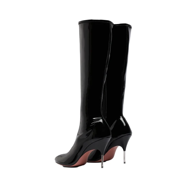 Amina Muaddi Bruna Stretch Boot 95 in Black Latex and Shiny Silver Heel, view 5