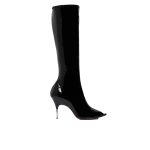 Amina Muaddi Bruna Stretch Boot 95 in Black Latex and Shiny Silver Heel