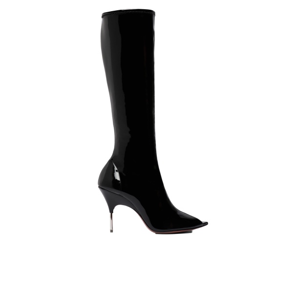 Amina Muaddi Bruna Stretch Boot 95 in Black Latex and Shiny Silver Heel