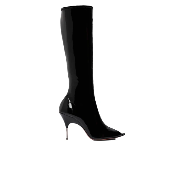 Bruna Stretch Boot 95 in Black Latex and Shiny Silver Heel