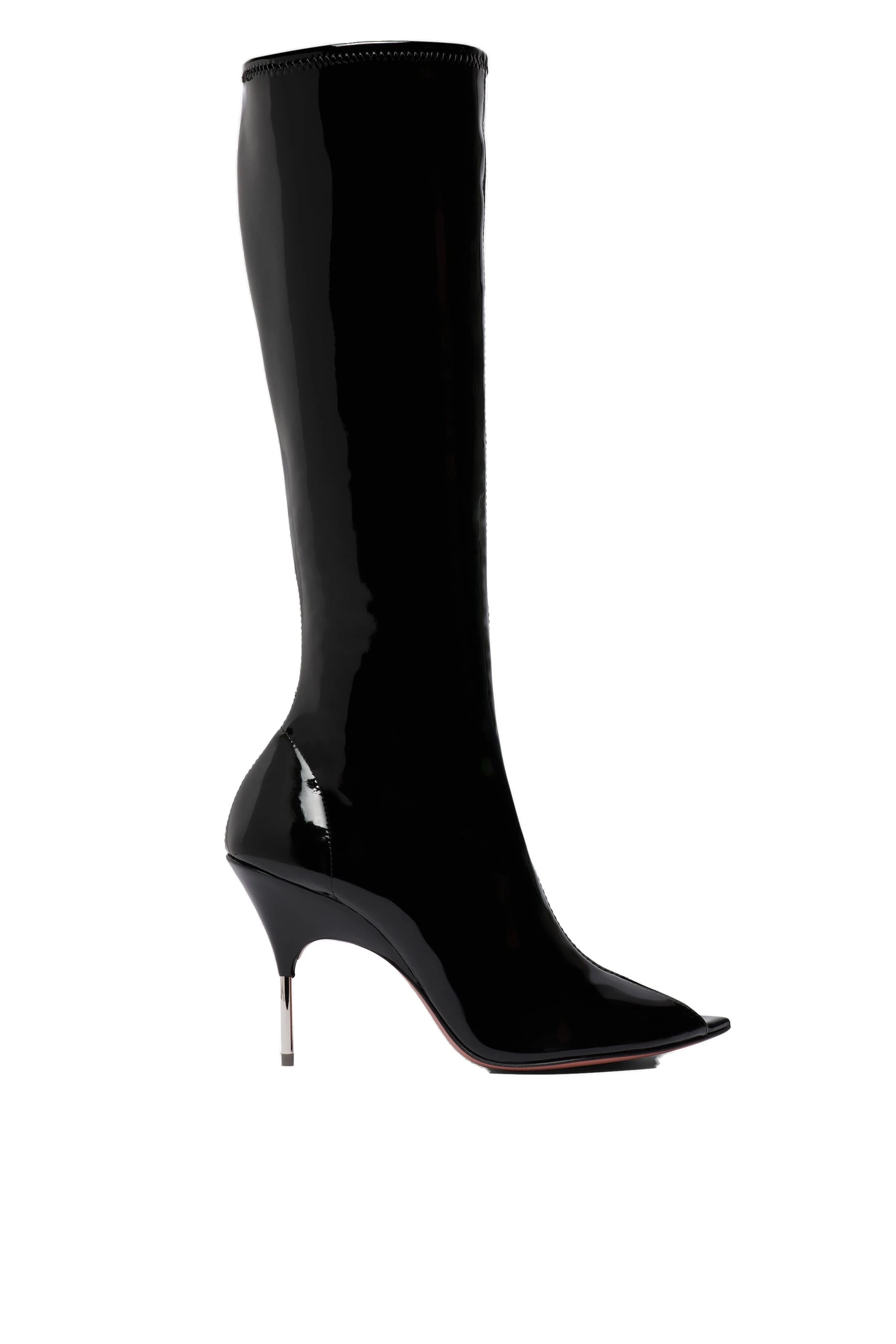 Amina Muaddi Bruna Boot 95 in Black Latex | Luxury Shoes Amina Muaddi Bruna Stretch Boot 95 in Black Latex and Shiny Silver Heel