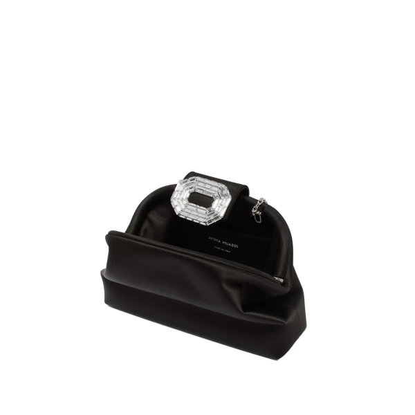 Amina Muaddi Camelia Clutch in Black Satin, view 3