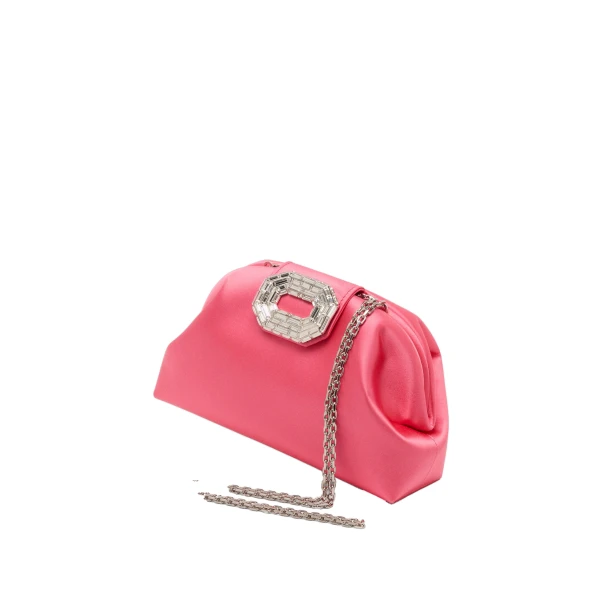 Amina Muaddi Camelia Clutch in Coral Satin, view 2