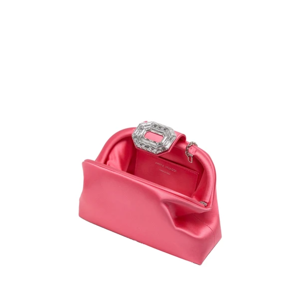 Amina Muaddi Camelia Clutch in Coral Satin, view 3
