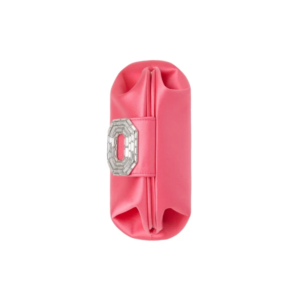 Amina Muaddi Camelia Clutch in Coral Satin, view 4
