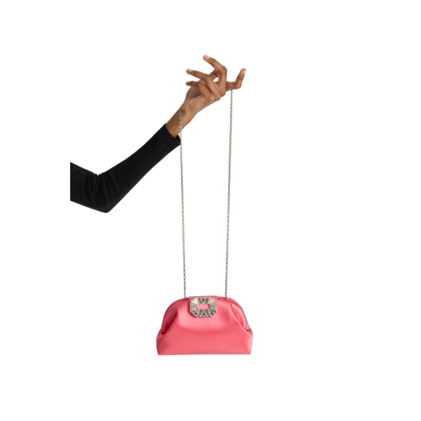 Amina Muaddi Camelia Clutch in Coral Satin, view 5