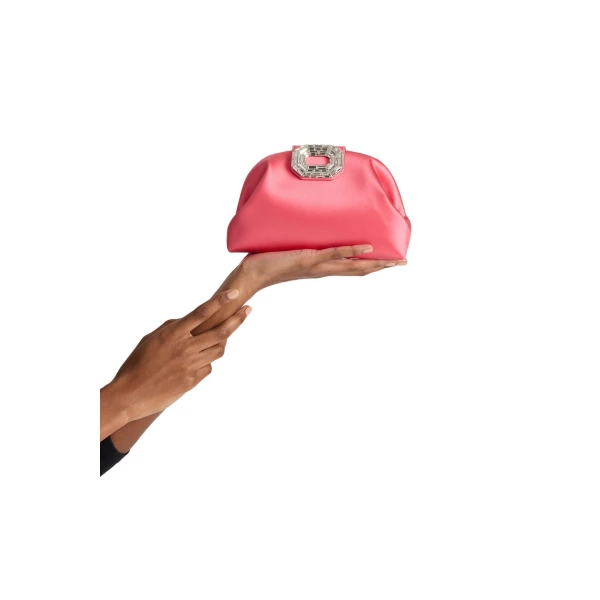 Amina Muaddi Camelia Clutch in Coral Satin, view 6