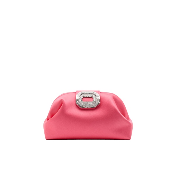 Amina Muaddi Camelia Clutch in Coral Satin