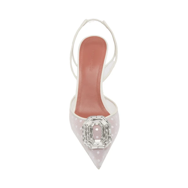 Amina Muaddi Camelia Lace Sling 90 in White Polka Dot Lace, view 2