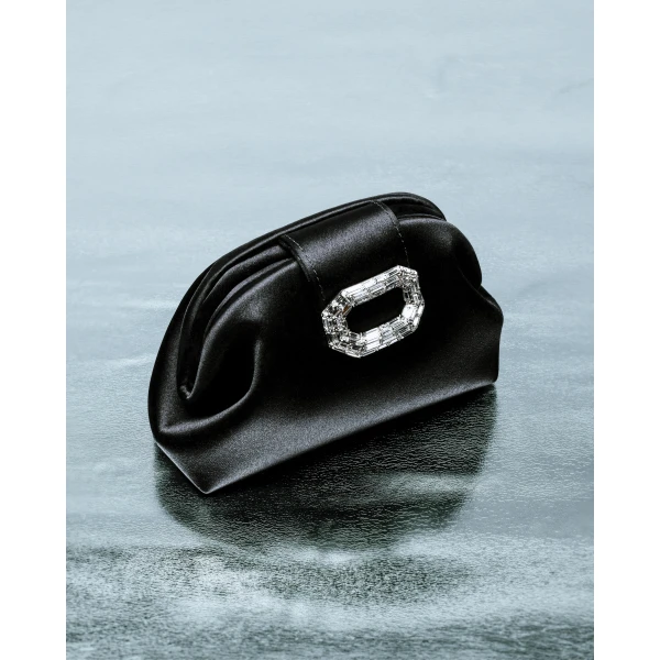 Amina Muaddi Camelia Micro Clutch in Black Satin, view 5