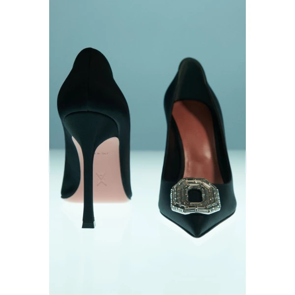 Amina Muaddi Camelia Pump 105 in Black Satin, view 4