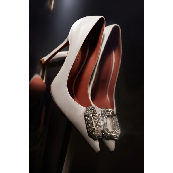 Amina Muaddi Camelia Pump 90 in White Nappa, view 4
