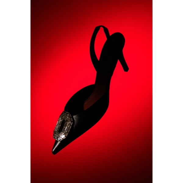 Amina Muaddi Camelia Sling 60 in Black Nappa, view 4