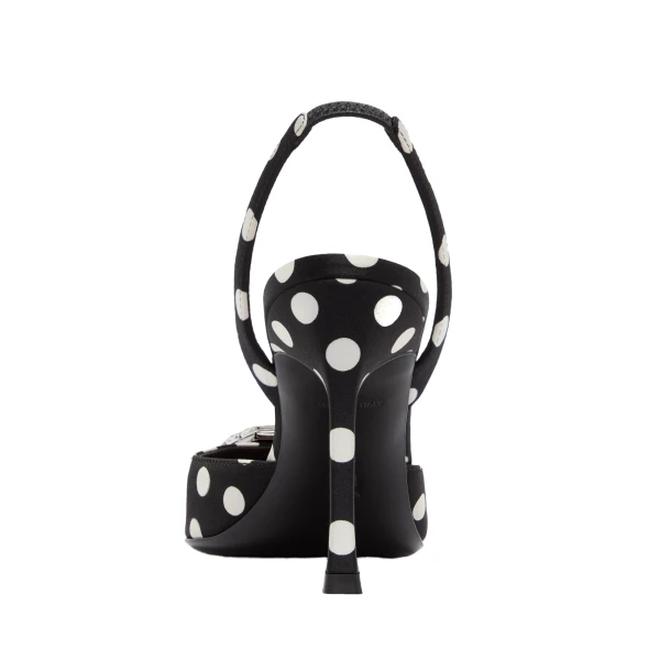 Amina Muaddi Camelia Sling 90 in Black Polka Dot Satin, view 3