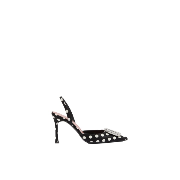 Amina Muaddi Camelia Sling 90 in Black Polka Dot Satin