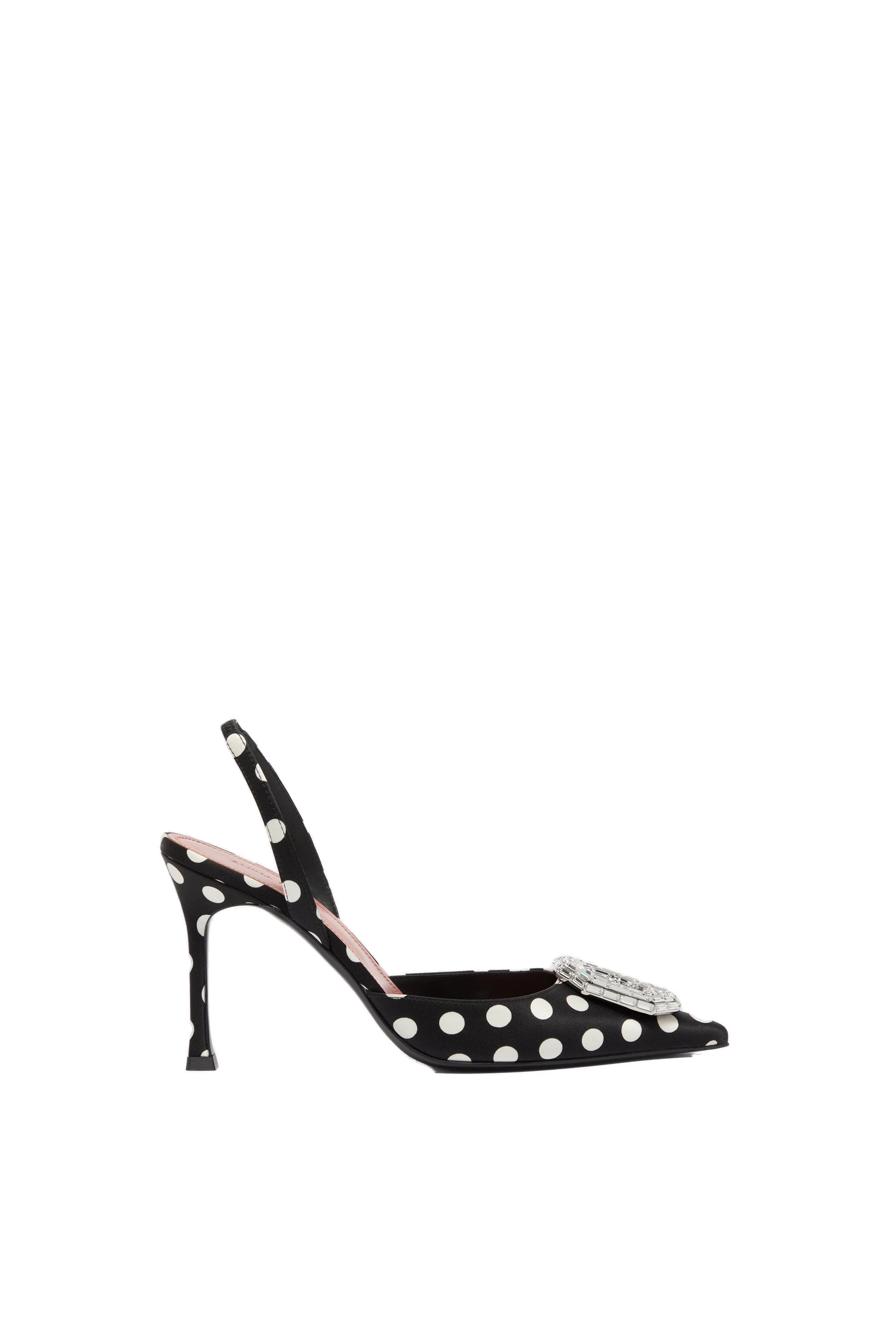 Amina Muaddi Camelia Sling 90 in Black Polka Dot Satin Amina Muaddi Camelia Sling 90 in Black Polka Dot Satin