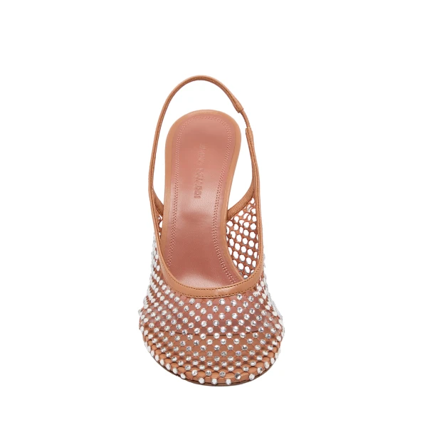 Amina Muaddi Dolly Net Sling 95 in Latte Nappa and White Crystals, view 2