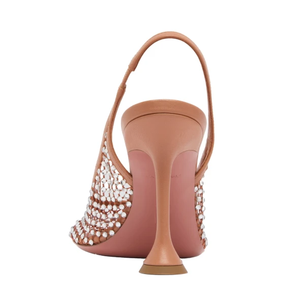 Amina Muaddi Dolly Net Sling 95 in Latte Nappa and White Crystals, view 3