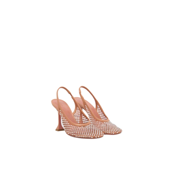 Amina Muaddi Dolly Net Sling 95 in Latte Nappa and White Crystals, view 4