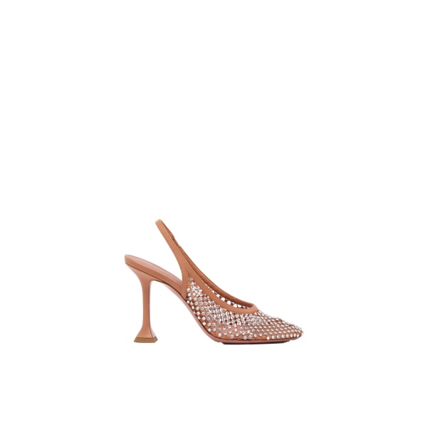 Amina Muaddi Dolly Net Sling 95 in Latte Nappa and White Crystals