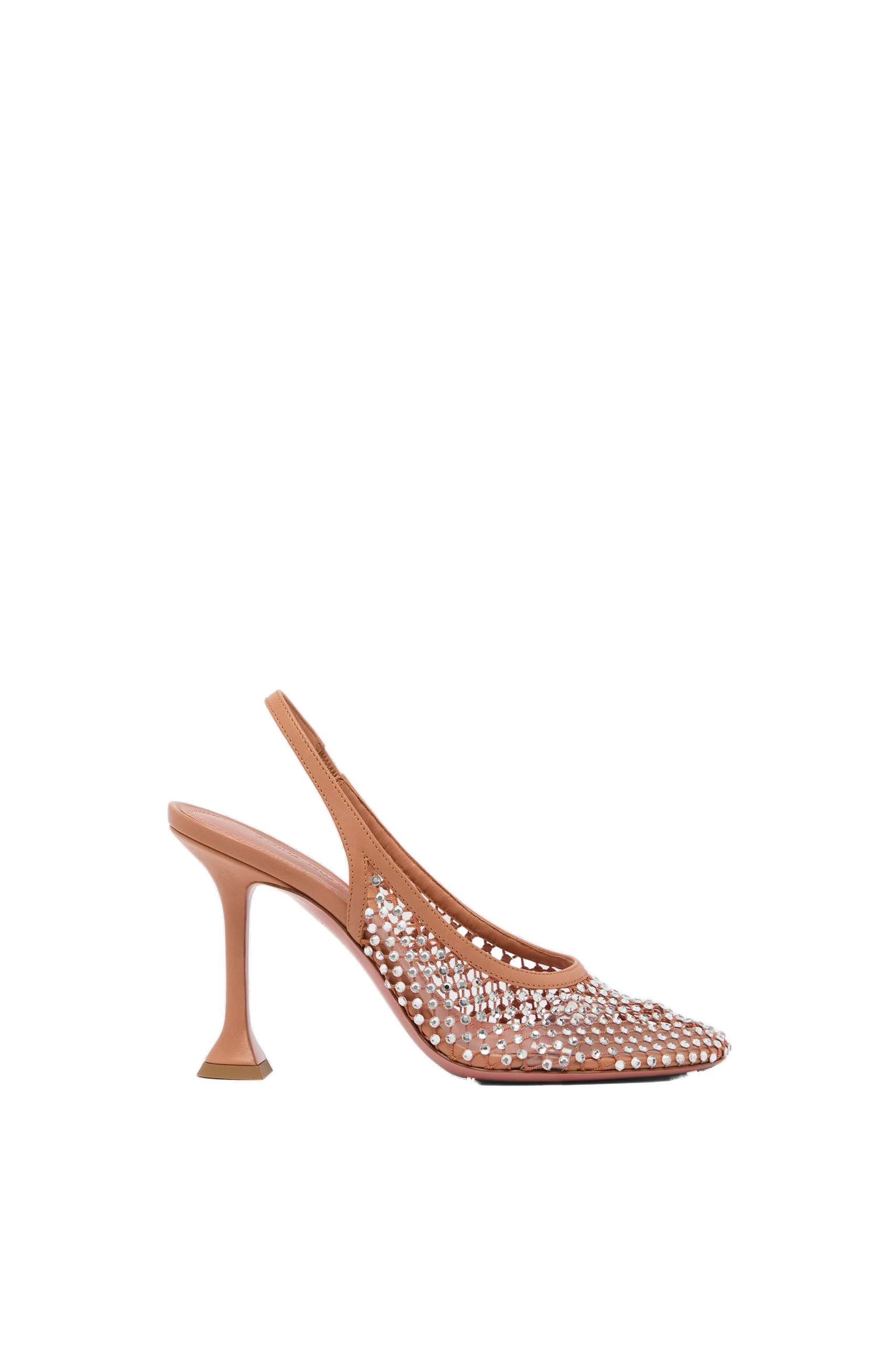 Amina Muaddi Dolly Sling 95 in Latte Nappa | Luxury Shoes Amina Muaddi Dolly Net Sling 95 in Latte Nappa and White Crystals